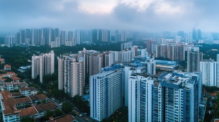 Fototapeta premium A wide cityscape panorama of tall office buildings and residential complexes, highlighting the dense structure of urban architecture.