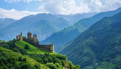 Fototapeta premium The Enchanting Caucasian Castle: A Historic Summer Retreat in the Georgian Mountains