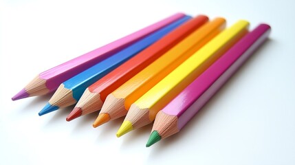 Fototapeta premium A collection of colorful pencils arranged on a clean, white background. The pencils are vibrant and varied in color, with sharp tips pointing in different directions to create an eye-catching composit