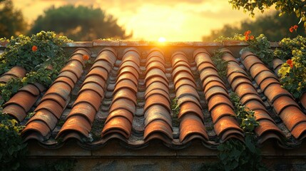 Close-up shot of an Italian countryside villa roof with terracotta tiles, ivy-covered edges, and a warm sunset backdrop, photorealistic