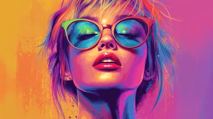 Obraz premium Colorful portrait of a modern hipster, punk girl with a vivid color hairstyle, eccentric girl who expresses musical style through styling, celebration and party. Illustration. Generative AI.