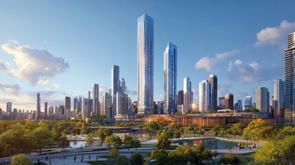 Obraz premium A wide-angle urban panorama featuring modern high-rises and iconic city landmarks, showing a thriving metropolitan area.