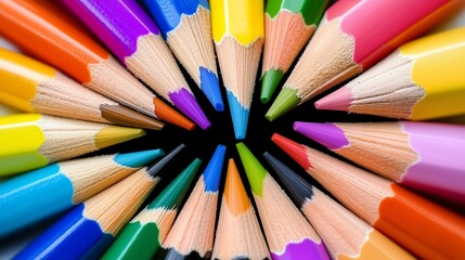 Naklejka premium A collection of colorful pencils arranged on a clean, white background. The pencils are vibrant and varied in color, with sharp tips pointing in different directions to create an eye-catching composit