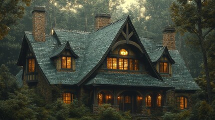 Close-up shot of a Craftsman-style roof with exposed rafters, natural wood, and dark green shingles, surrounded by tall trees, photorealistic