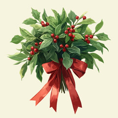 Obraz premium Festive Mistletoe Sprigs with Ribbons, Holiday Decoration