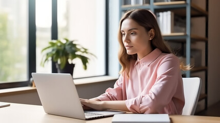 A woman in a pink shirt is sitting at a desk with a laptop, working on a digital marketing project while looking determined and focused in an office environment.