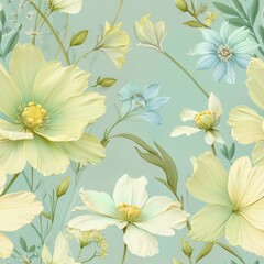 Fototapeta premium Seamless floral pattern featuring delicate flowers in pastel green, soft yellow, and light blue colors.