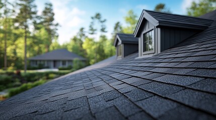 Close-up shot of a suburban roof with asphalt shingles, clean lines, surrounded by neatly trimmed trees and blue sky, photorealistic