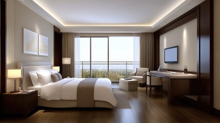 Fototapeta premium A modern hotel room features smart technology controlled via mobile apps, ideal for business travelers seeking luxury and convenience