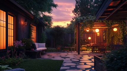 Fototapeta premium Backyard patio illuminated by a warm sunset. 