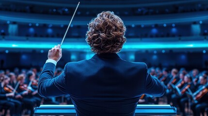 A silhouette of a conductor viewed from the back, standing on a grand stage before a full orchestra; with a baton raised, they guide the musicians through a complex symphony.