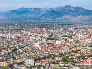 Aerial drone view of the city skyline in Shkoder Albania.
