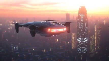 Naklejka premium A futuristic delivery drone carrying a package, flying high over a city skyline at sunset, while the sky is a mix of warm and cool colors.