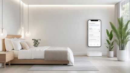 A modern hotel room features smart technology controlled via mobile apps, ideal for business travelers seeking luxury and convenience.