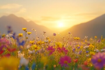 Naklejka premium A vibrant field of flowers at sunset.