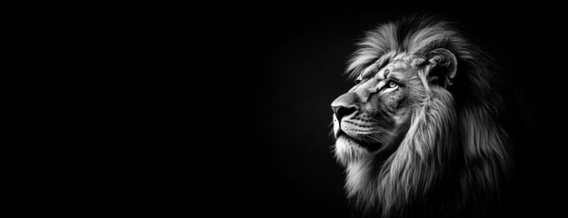 Majestic African Lion Facing Right Against Black Background Banner