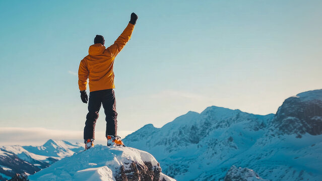 man in winter sportswear standing on top of mountain, one hand raised up and clenched into fist, joy of achieving goal.