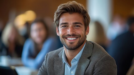 Fototapeta premium Young business man at corporate seminar with colleagues smiling.