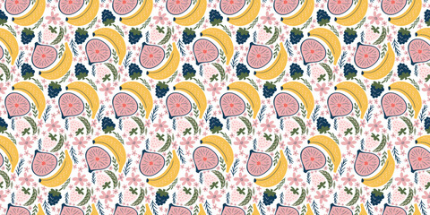 Cheery seamless pattern showcasing bananas, figs, blackberries, white strawberries, pink flowers, and green leaves. Crafted in a contemporary, organic vector style with flat hues, exuding a playful