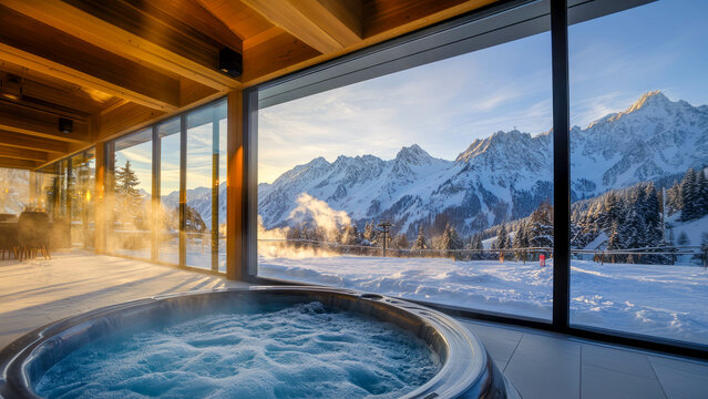 bubbling jacuzzi in winter resort hotel with view of snow capped mountains