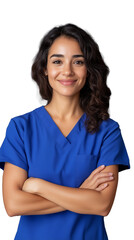 Smiling female nurse in blue scrubs posing confidently on transparent background, professional and friendly