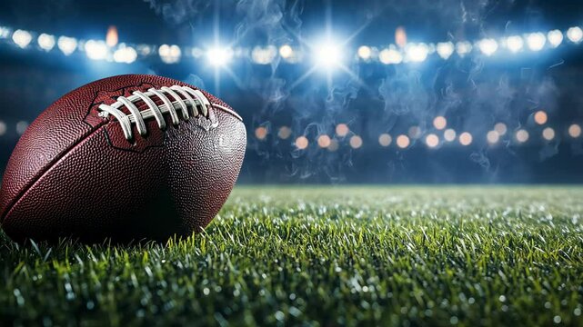 A football sits on the field at night, illuminated by stadium lights