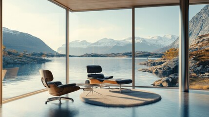 Obraz premium Sea-view Scandinavian living room, 3D rendered. 