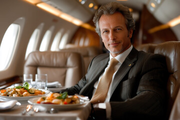 Luxury Businessman Enjoying Meal on Private Jet - Powered by Adobe