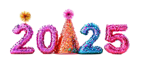 2025 sparkly sequins, disco balls, and New Year's Eve hats,  on white background