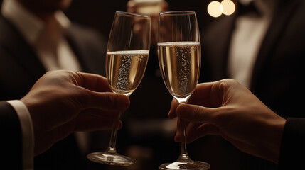 Close-up of two champagne glasses clinking in celebration