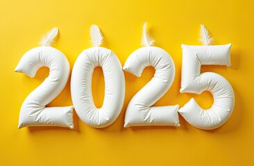 Bright yellow background with white pillows made in number 2025 for a festive vibe