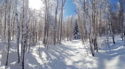 Fototapeta premium Frosty morning sun shining through a snowy forest. 