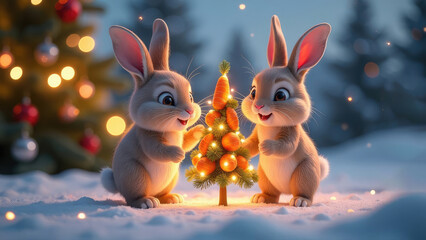 Fototapeta premium Two adorable rabbits decorating a small Christmas tree in the snowy forest at dusk