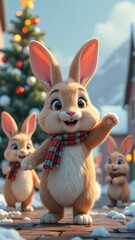 Fototapeta premium Cute animated rabbits celebrating winter festivities in a snowy village during the holiday season