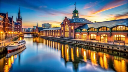 Fototapeta premium Historic Fish Auction Hall in Hamburg at Dusk with Colorful Illumination - Scenic Harbor Venue