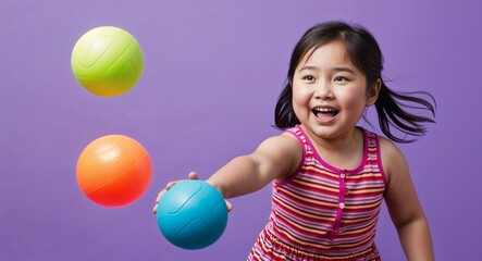 Fototapeta premium Asian girl playing a game of tag cheerful expression summer outfit plain purple background overweight kid