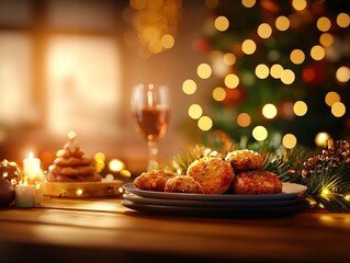 Obraz premium Warm and cozy holiday scene featuring festive cookies and a glass of wine, perfect for celebrating Christmas gatherings.