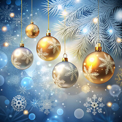 A bunch of christmas balls hanging on a wall with snow on the background