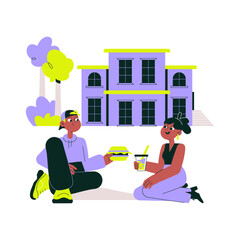 Park hangout with couple enjoying picnic food and drinks, flat vector illustration symbolizing leisure, outdoor relaxation, and casual dining, isolated on white background