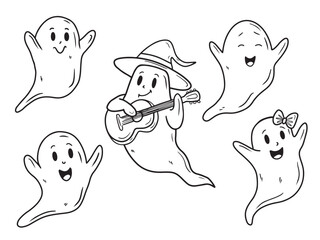 Hand drawn vector set of cute music ghosts is playing guitar singing, in black isolated on white. Sketch illustration in doodle engraved vintage line art style. Happy Halloween, mystery