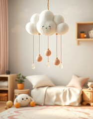 Cozy nursery decor with plush cloud mobile and soft pastel accents