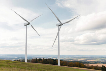 Fototapeta premium Renewable energy landscape featuring wind turbines on rural hillside for sustainable environmental solutions