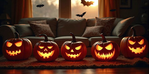 Fototapeta premium House decorated with spooky Halloween decorations, pumpkin faces and bats, helloween and thanksgiving tradition