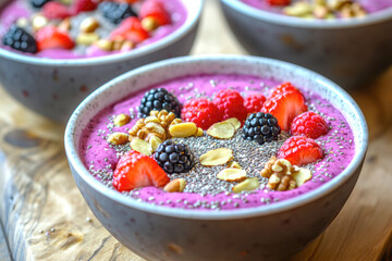 Fresh summer berry smoothie bowl with nuts and seeds - a healthy breakfast design for print and recipe cards
