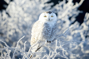 Winter serenity: snowy owl perched amidst frosty branches in pristine landscape design for nature cards