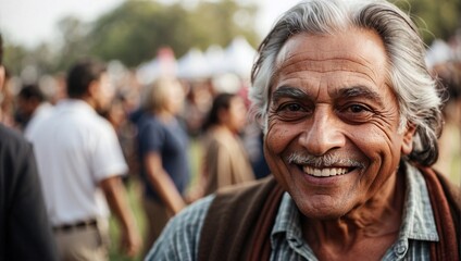 Obraz premium Smiling elderly man outdoors at a lively gathering, exuding warmth and friendliness.