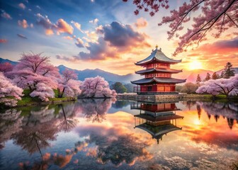Fototapeta premium Japanese Temple Reflected in Lake with Cherry Blossoms - Stunning Double Exposure Photography