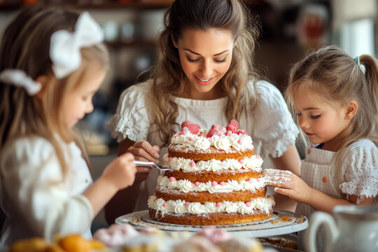 Mother and Daughters Decorating a Cake Together in a Cozy Kitchen