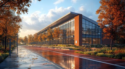 Obraz premium Modern building surrounded by autumn trees and wet pavement.