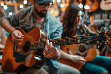 Fototapeta premium Person look vinyl records in retro music store, surrounded by various music genres classic CDs tapes vintage musical instruments, Generative AI